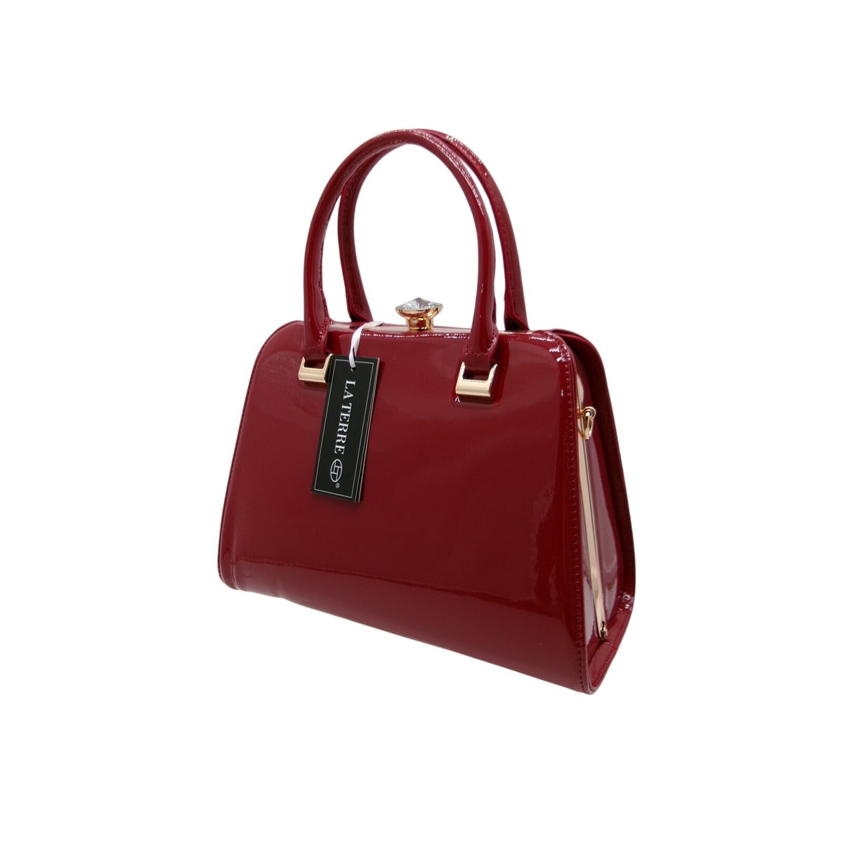 LA TERRE Burgundy Wine Patent Top Handle Bag with Detachable Strap