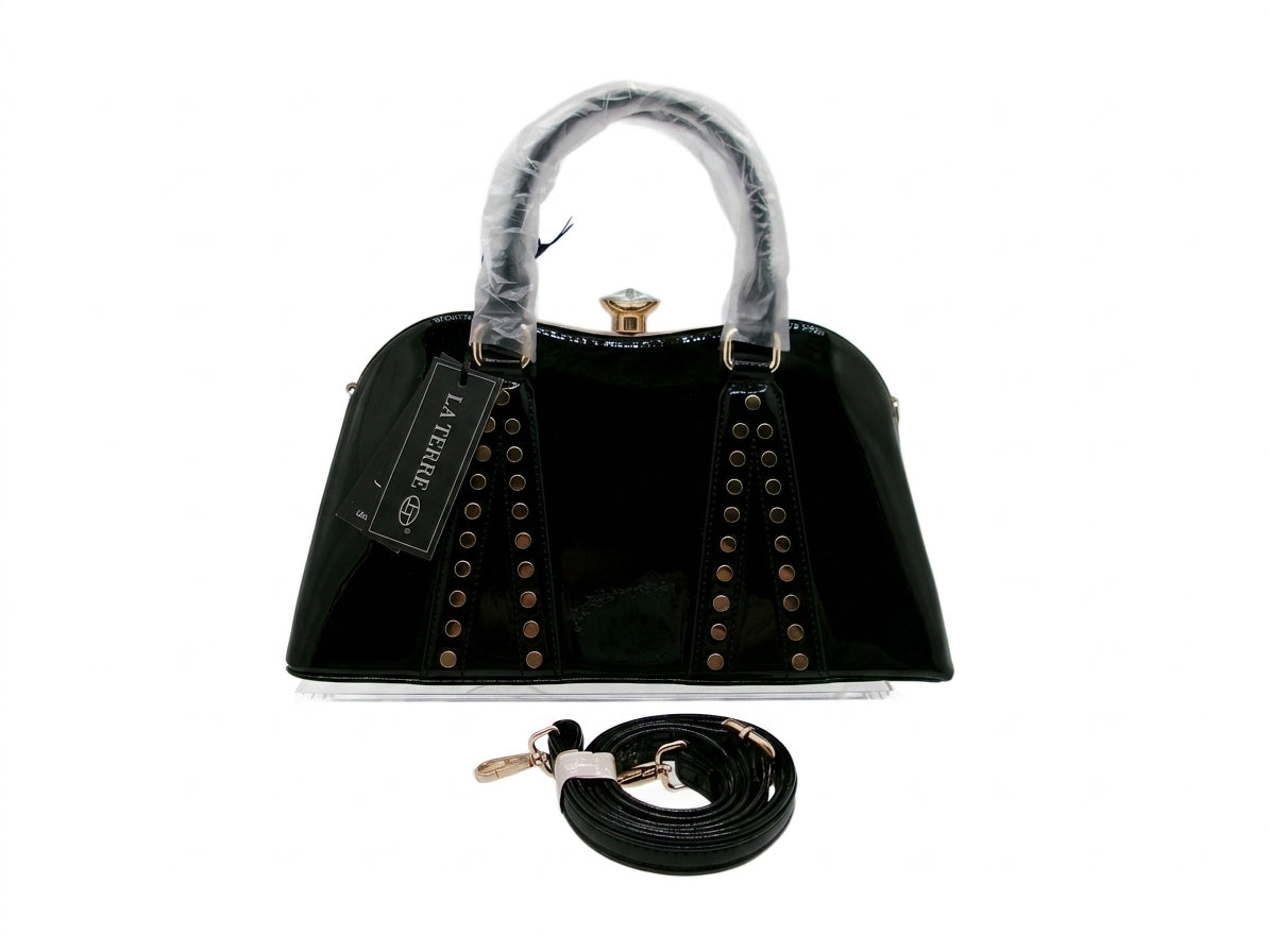 LA TERRE Black Patent Top Handle Bag with Studded Trim