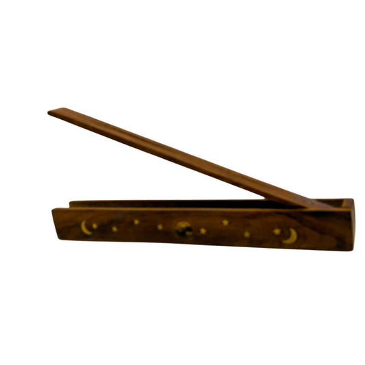 Hand-Carved Wooden Incense Box with Moon and Stars Design - Flip Top Holder for - Danisak