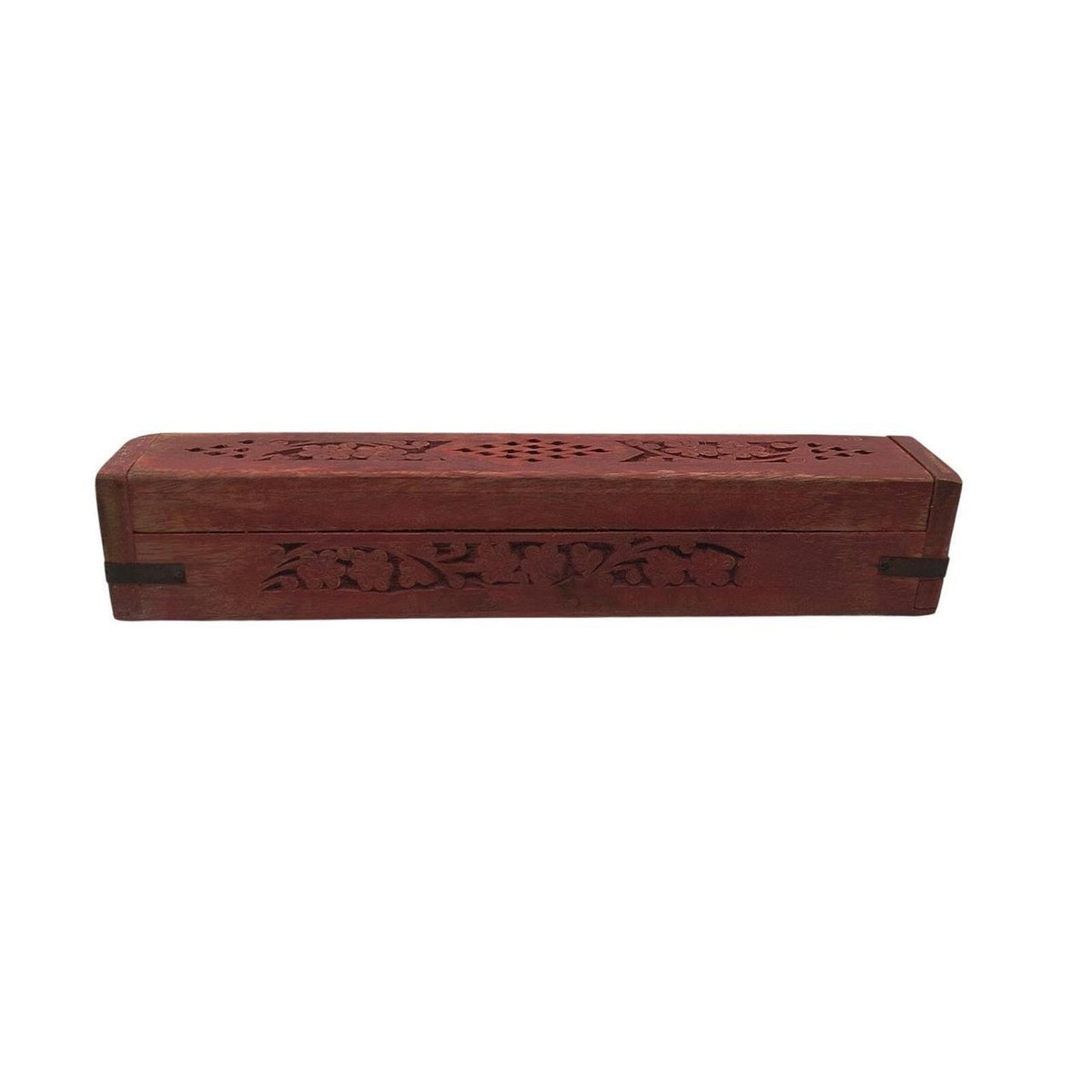 Hand Carved Indian Rosewood Incense Burner Box with Red Floral Design - 12 Inch - Danisak