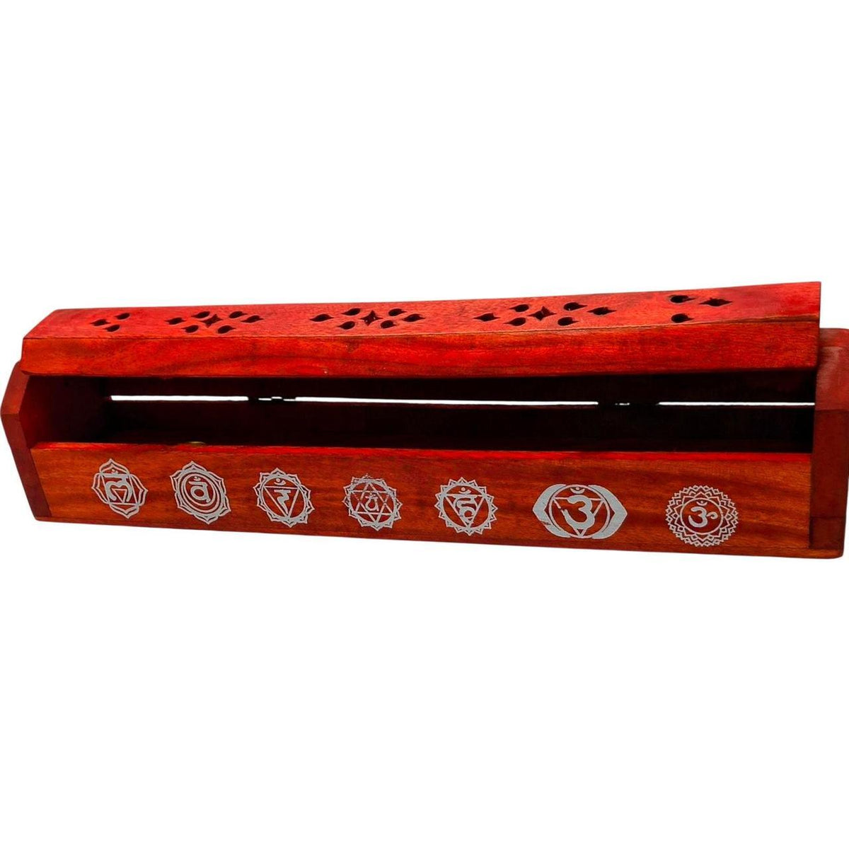 Hand Carved Red Wood Incense Box with 7 Chakra Design - Fits 11-Inch Sticks & Co - Danisak
