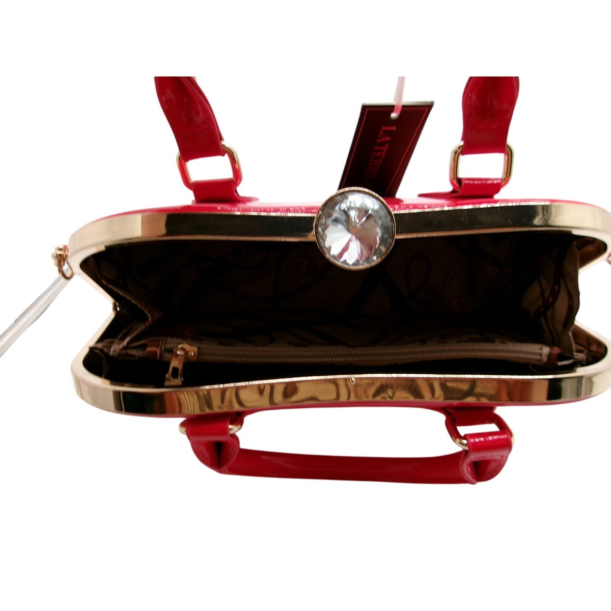 La Terre Red Patent Leather Rhinestone Top Handle Handbag