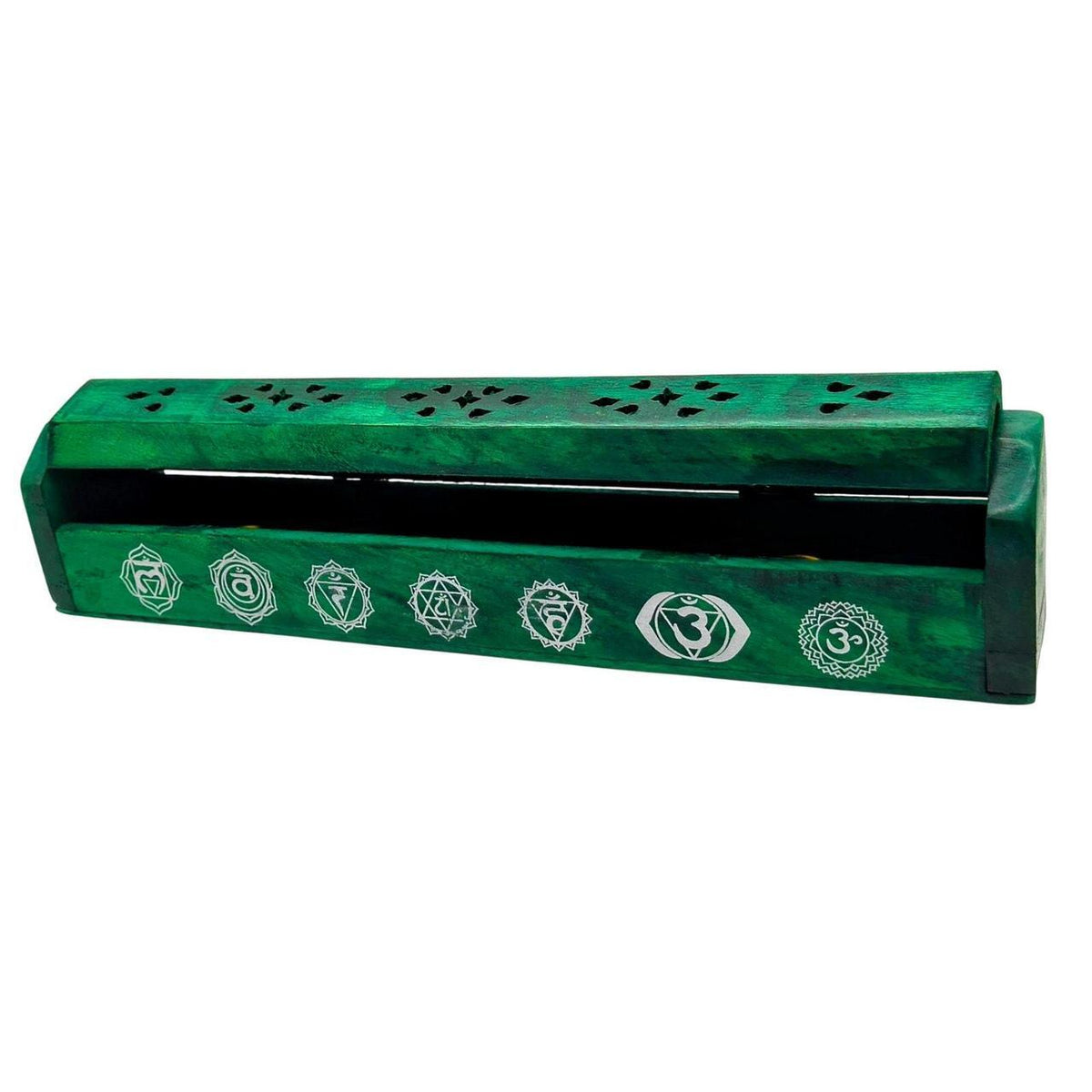 Green Wooden Chakra Incense Coffin Burner Box with Sliding Lid for Sticks and Co - Danisak