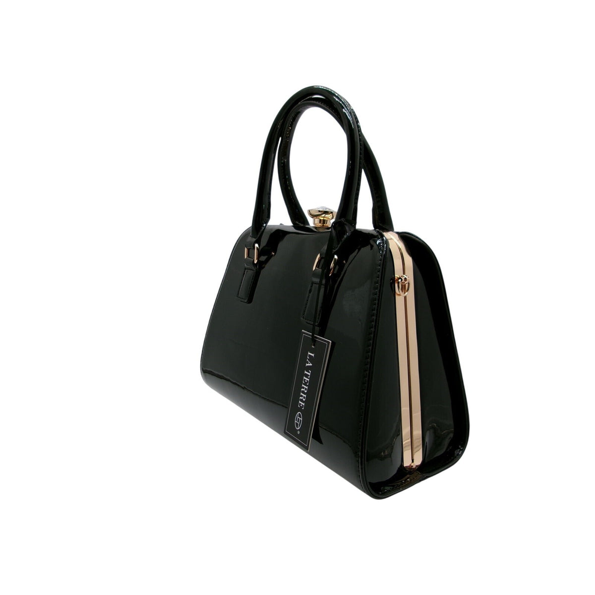 La Terre Glossy Black Structured Top Handle Bag with Detachable Shoulder Strap