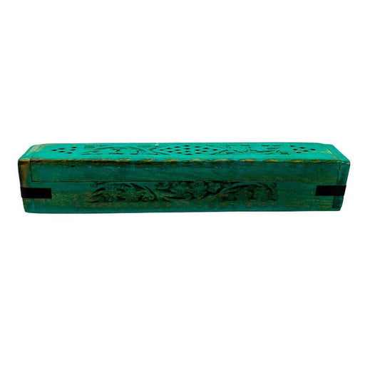 Hand-Carved Turquoise Green Wooden Incense Burner Box with Floral Motif - Danisak