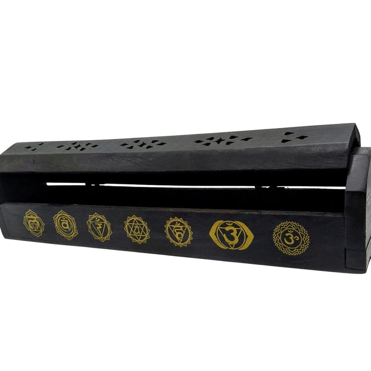 Hand-Carved Black Wood Coffin Incense Burner Box with 7 Chakras Inlay for Sticks - Danisak