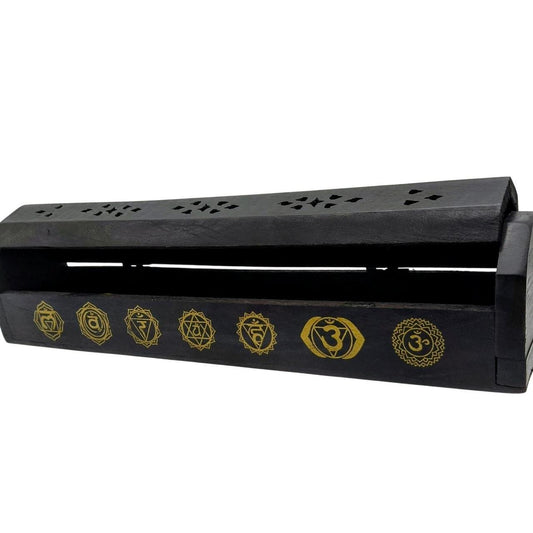 Hand-Carved Black Wood Coffin Incense Burner Box with 7 Chakras Inlay for Sticks - Danisak