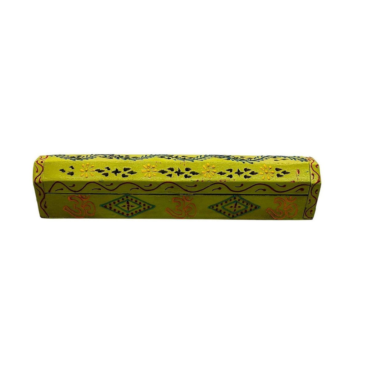 Hand-Painted Yellow Sheesham Wood Incense Box with Decorative Jali Cover - 12-In - Danisak