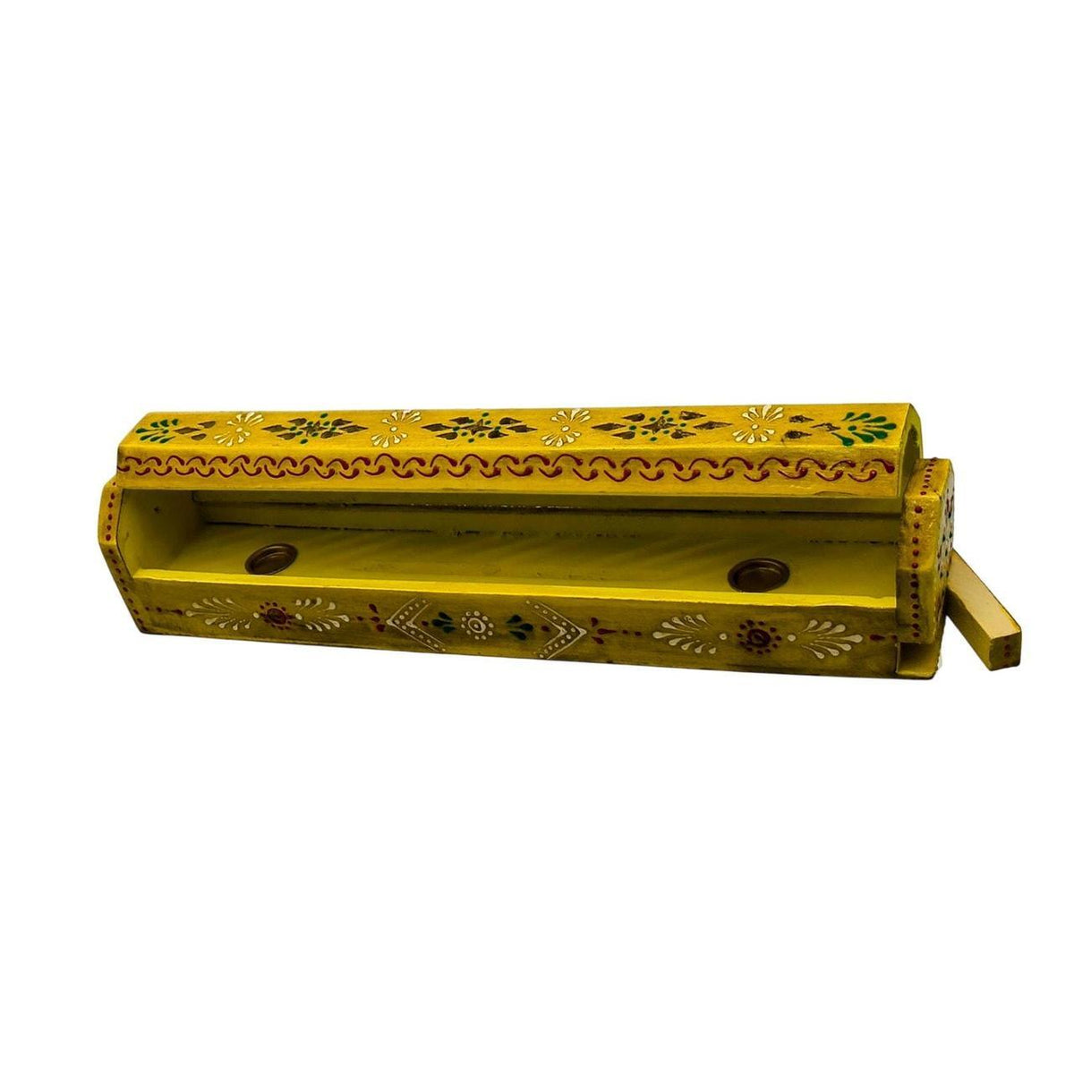 Hand-Painted Yellow Wooden Sheesham Incense Box Burner with Decorative Jali - 12 - Danisak