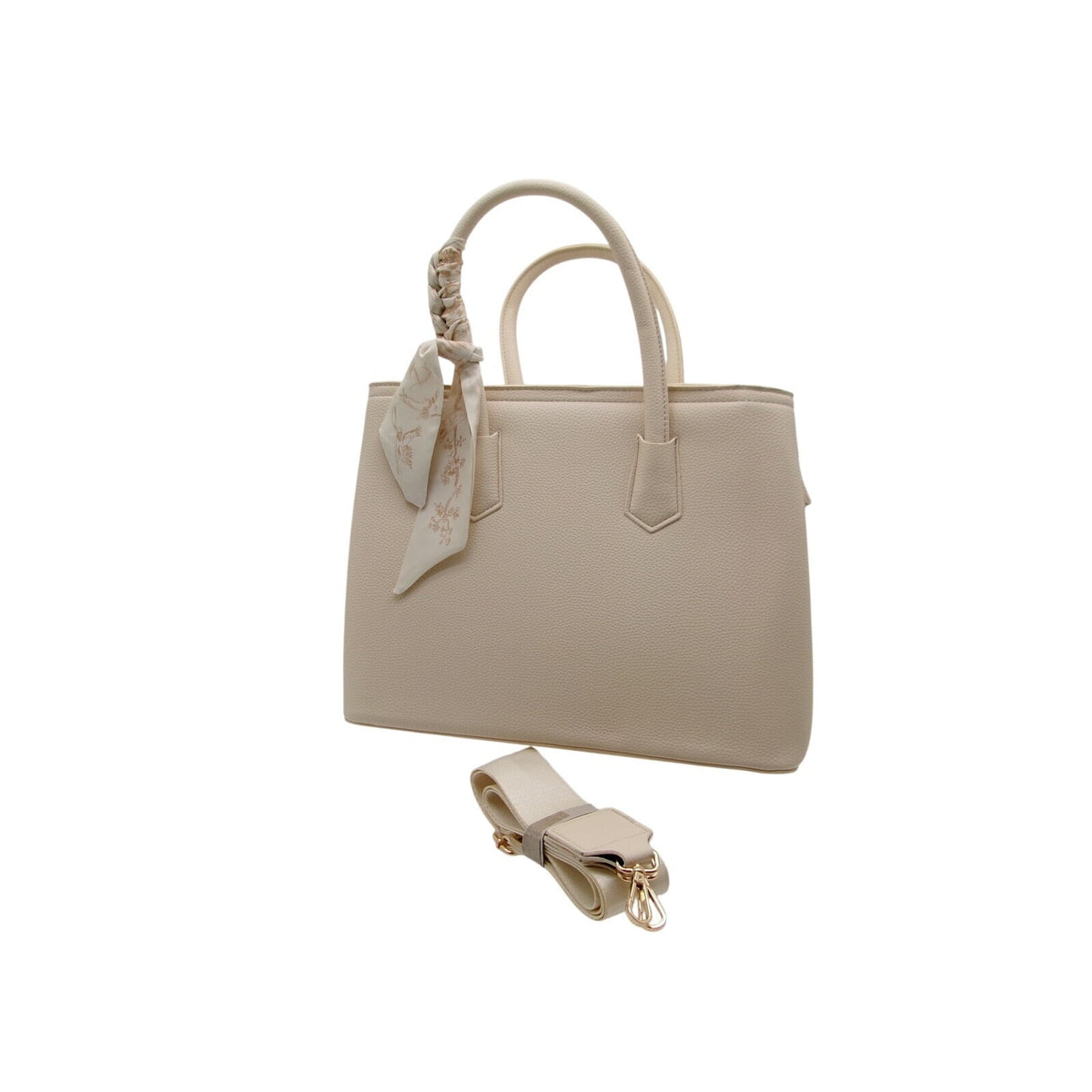 Beige 3-in-1 Grained Faux Leather Tote Bag Set with Twilly Scarf