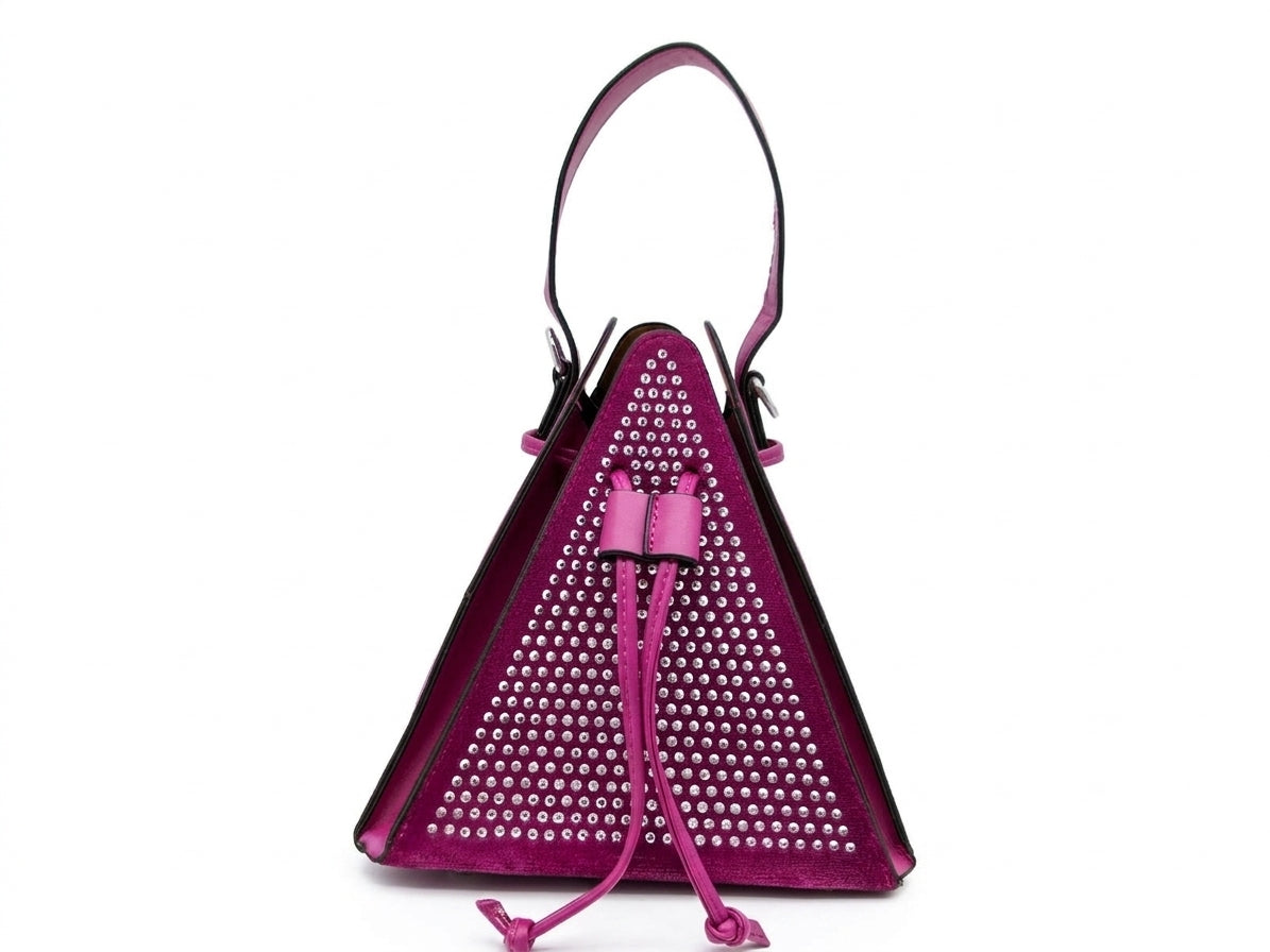 Fuchsia Studded Triangle Bucket Bag with Shoulder Strap