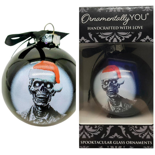 Unbranded Black Glass Christmas Ornament with Skeleton in Santa Hat - 3 Inch - Danisak