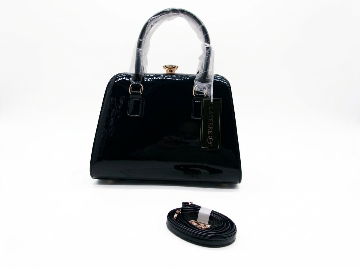 NAVY Patent Top Handle Satchel with Detachable Shoulder Strap