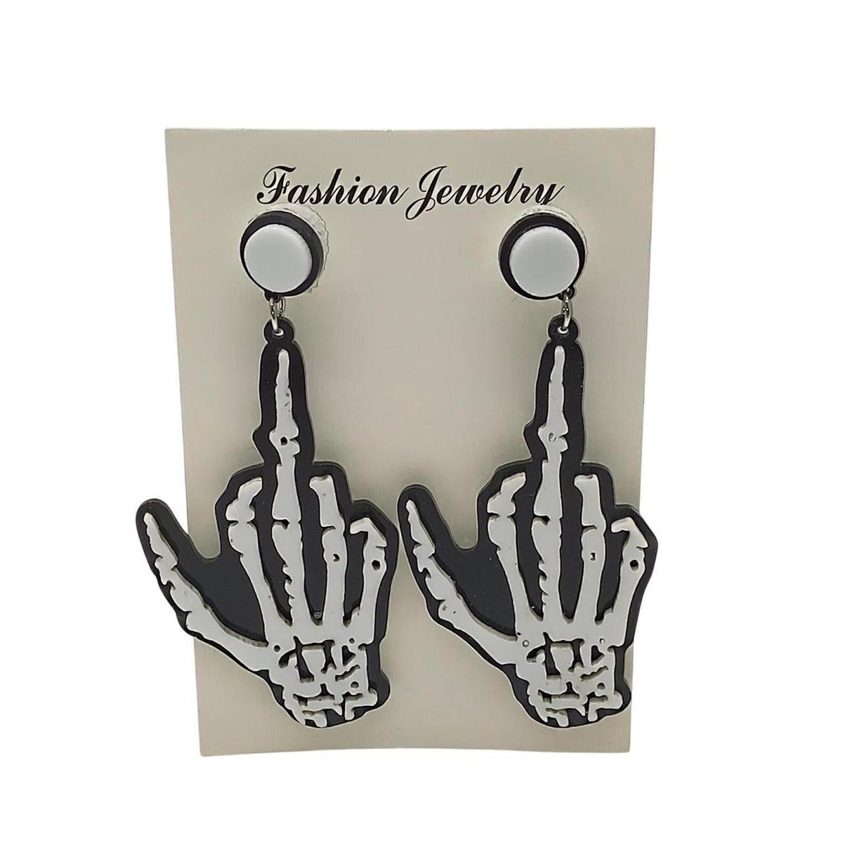 FU   Black hand-shaped earrings with middle finger up