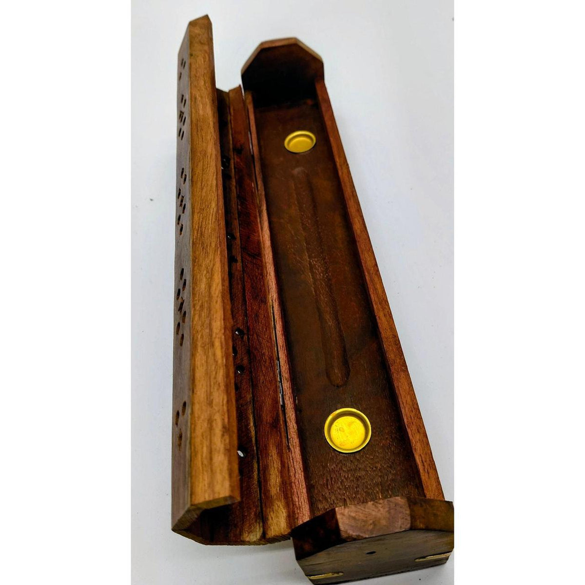 New With Tags Coffin Style Wooden Incense Burner with Brass OM Inlay and Ashtray - Danisak