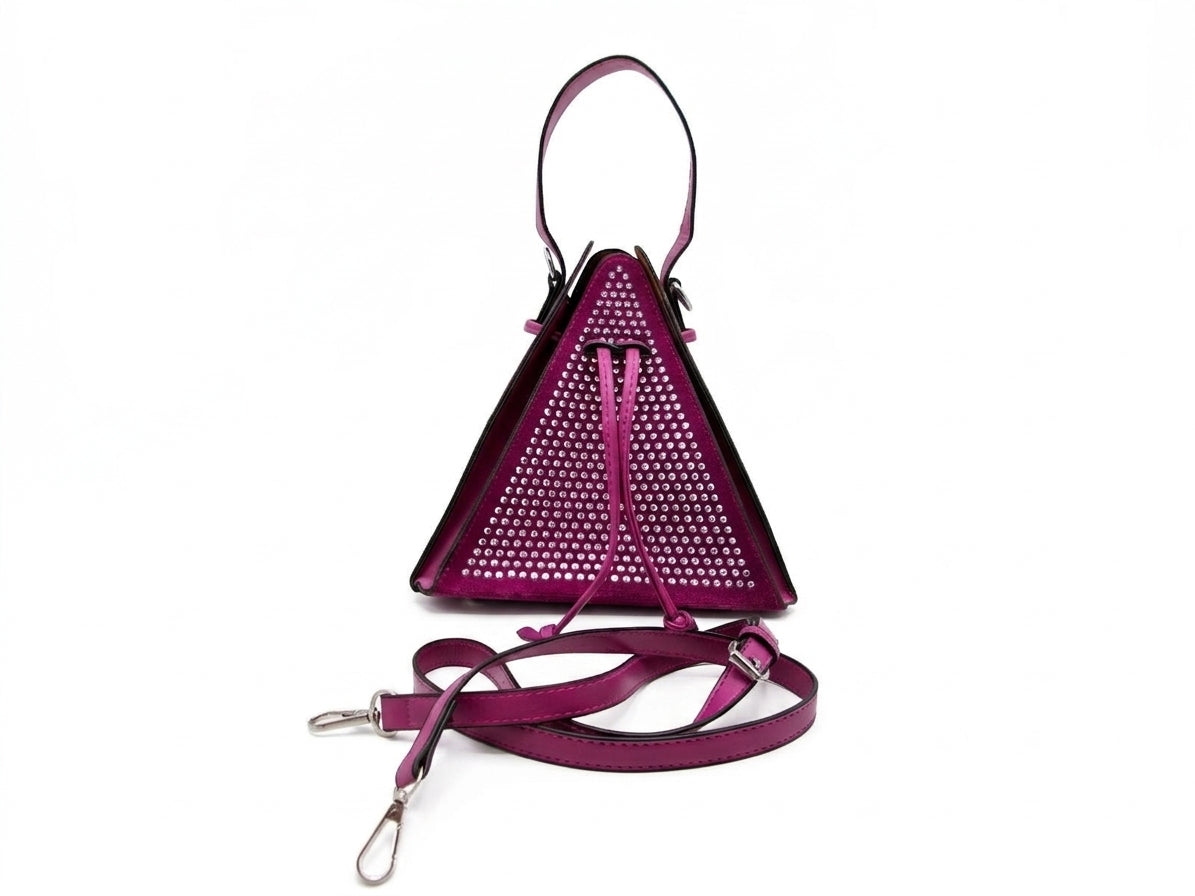 Fuchsia Studded Triangle Bucket Bag with Shoulder and Crossbody Straps