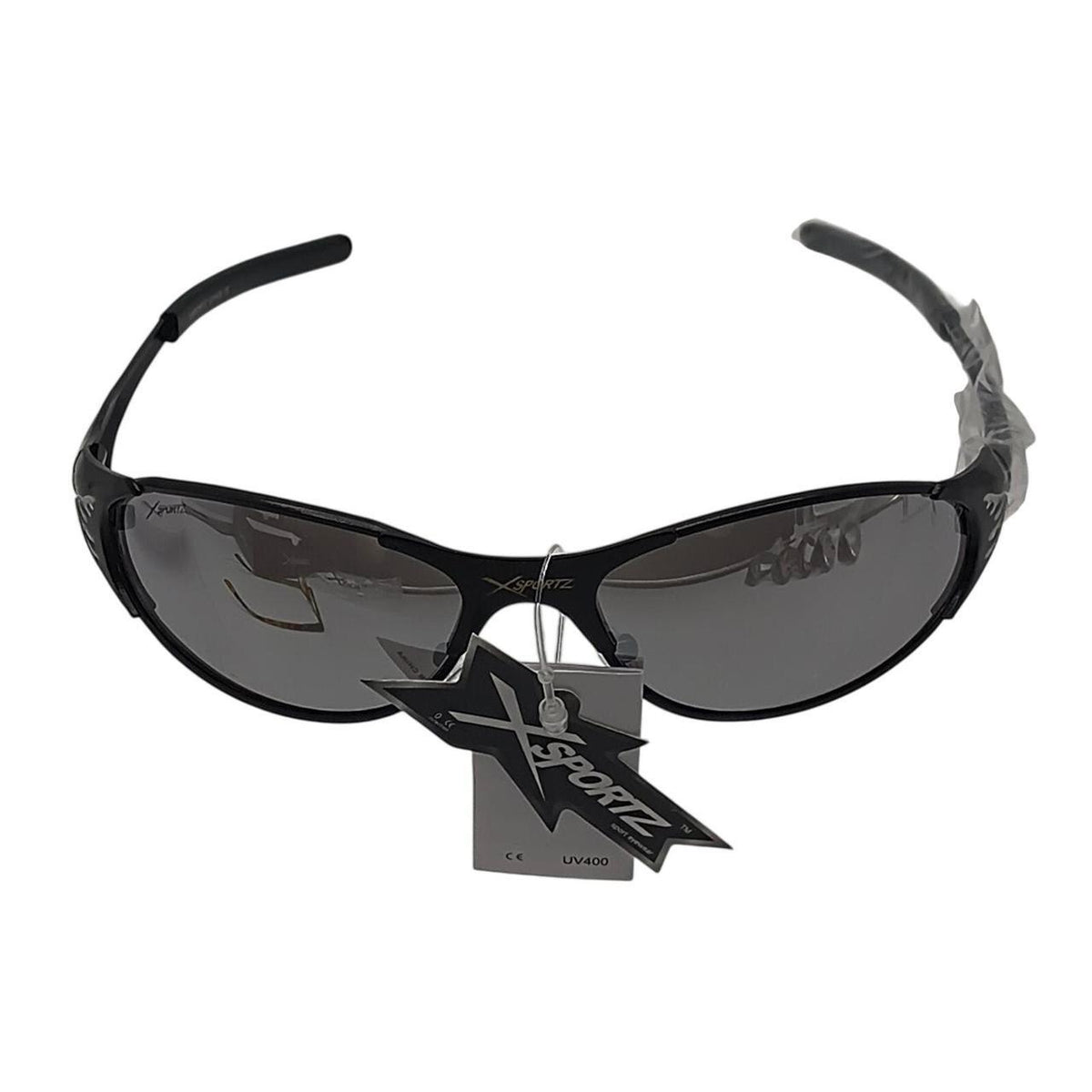 Xsport Eyewear black sunglasses with gray lenses and silver flame design - Danisak