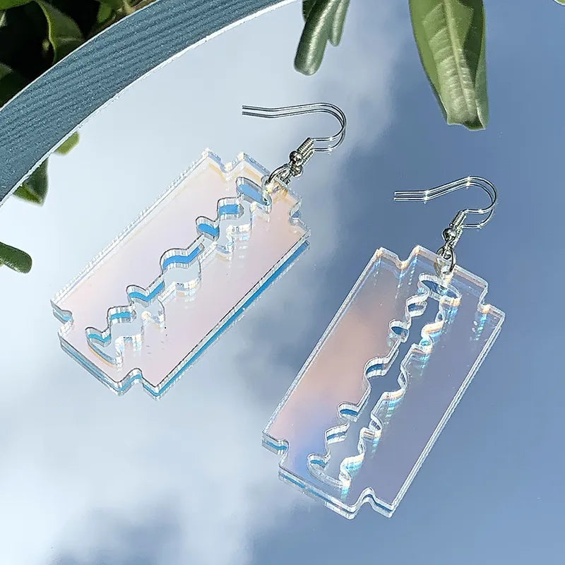 Free Shipping $7.99 Acrylic Iridescent Razor Blade Earrings, Unique Prop Goth